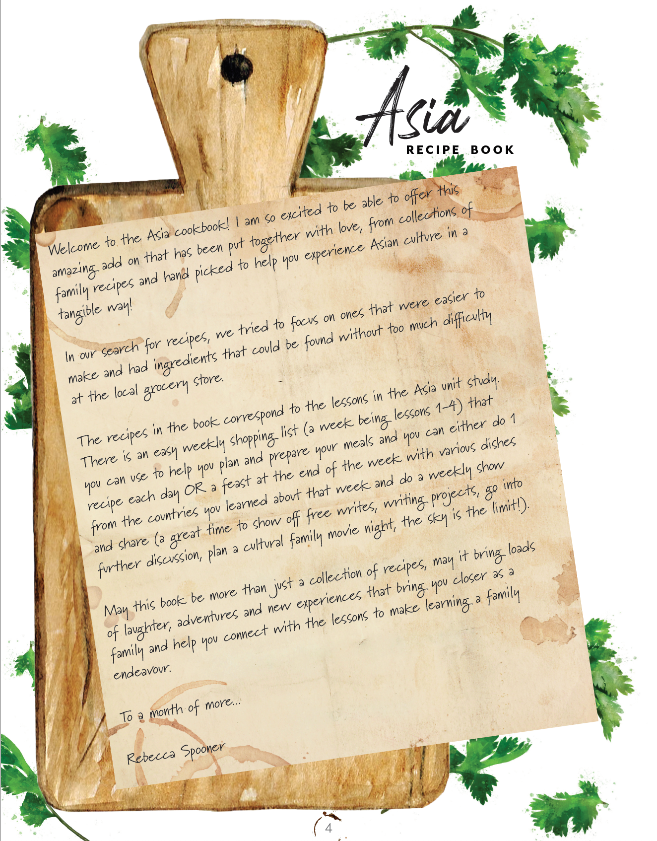 Asia Homeschool Unit Study Recipe Book Welcome Letter