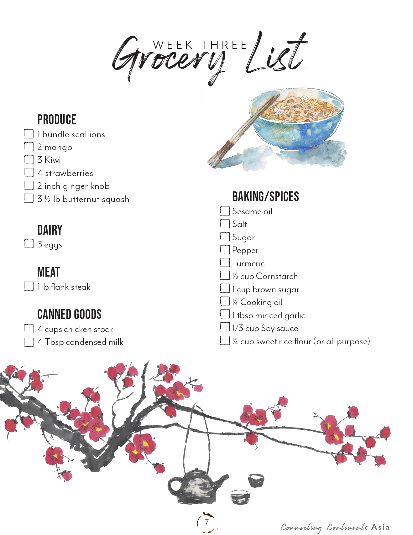 Asia Homeschool Unit Study Digital Recipe Book Week Three Grocery List