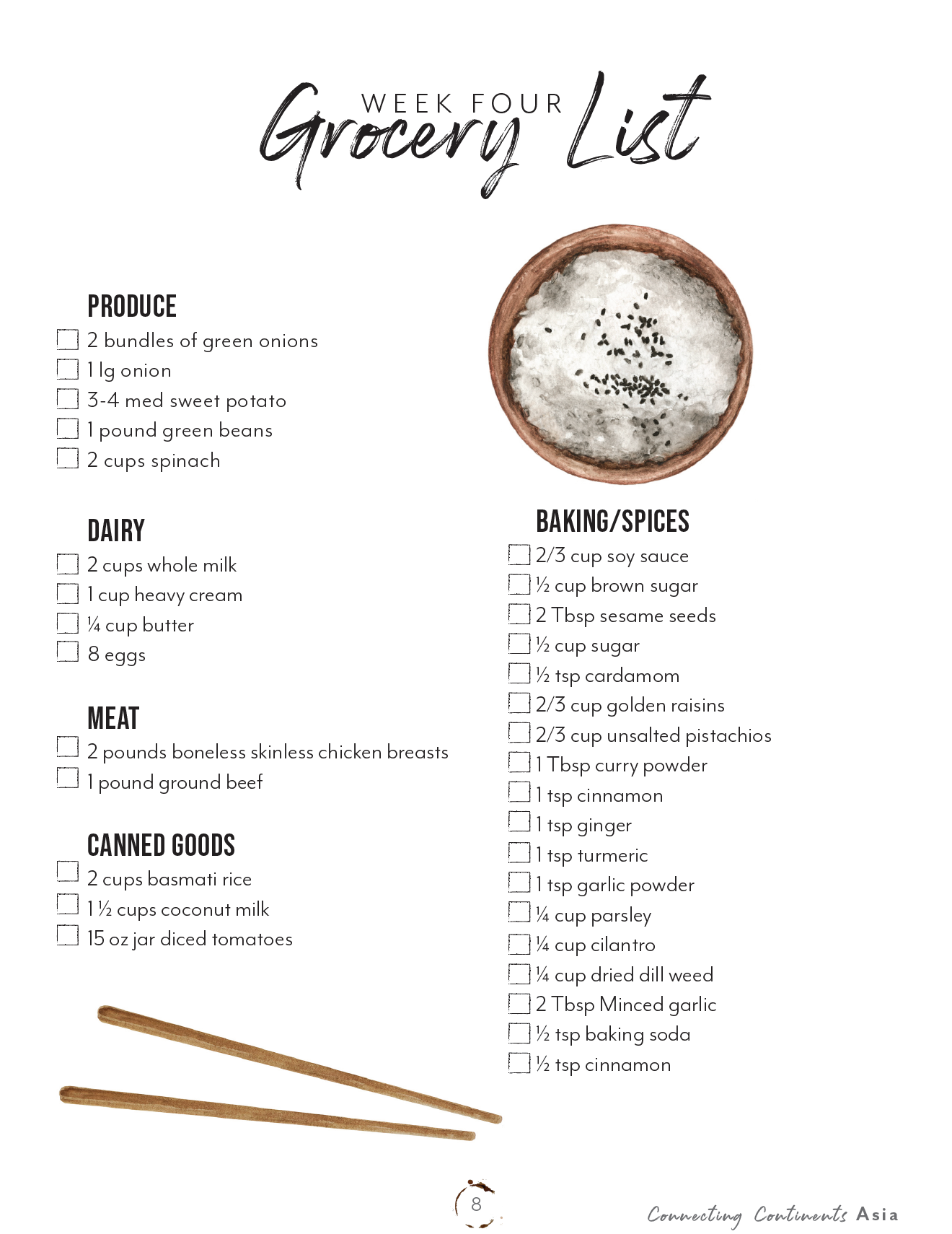 Asia Homeschool Unit Study Printed Recipe Book Week Four Grocery List