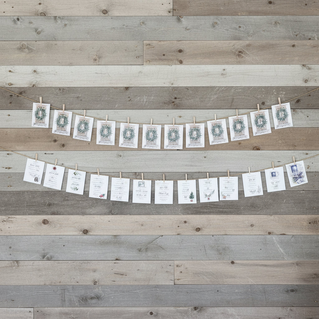 Advent calendar with natural elements strung on a line like a banner