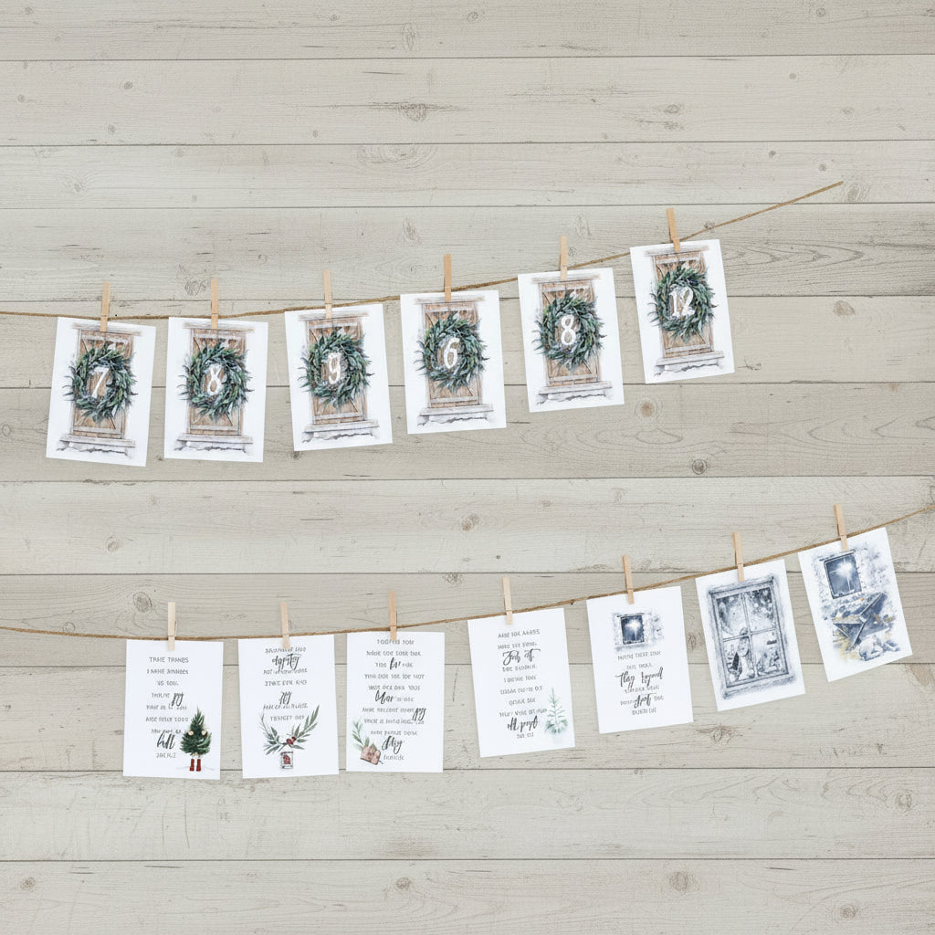 Advent calendar with natural elements strung on a banner with twine