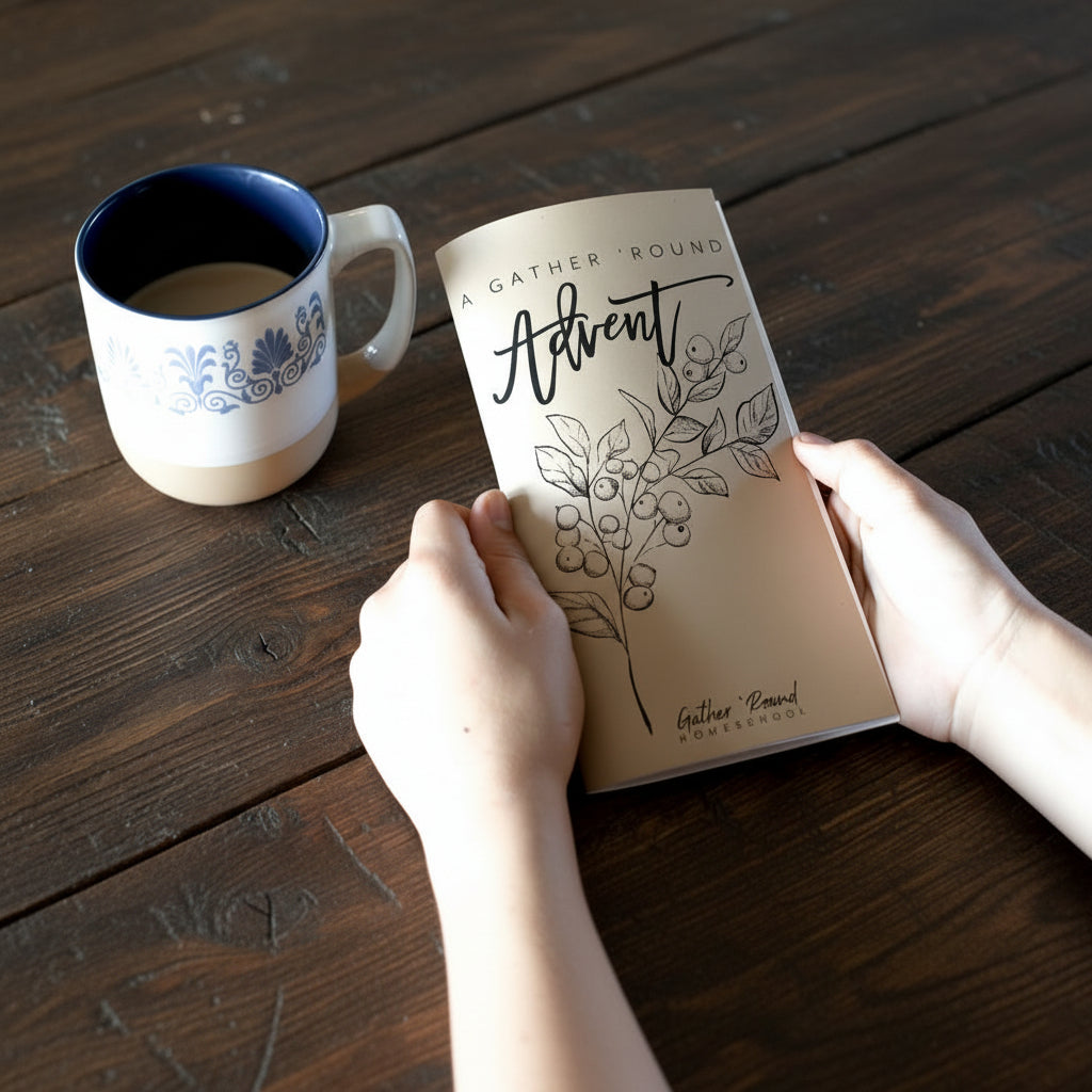 Advent calendar with cup of coffee on a wooden table