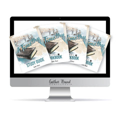 Computer screen displaying a 1 Timothy curriculum covers with 'Gather Round Homeschool' branding.