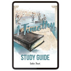 Study guide cover with illustration of a Bible and people, titled 'Timothy Study Guide'.