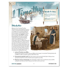 Page from a study guide about 1 Timothy with illustrations of men in Biblical times and text.