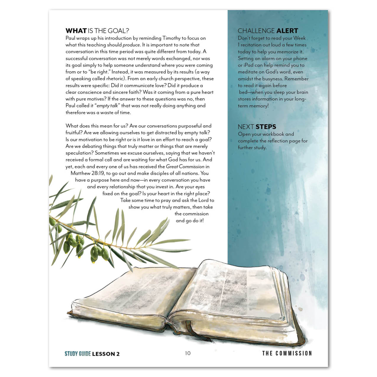 Page from a study guide with an open Bible illustration and text on a white background.