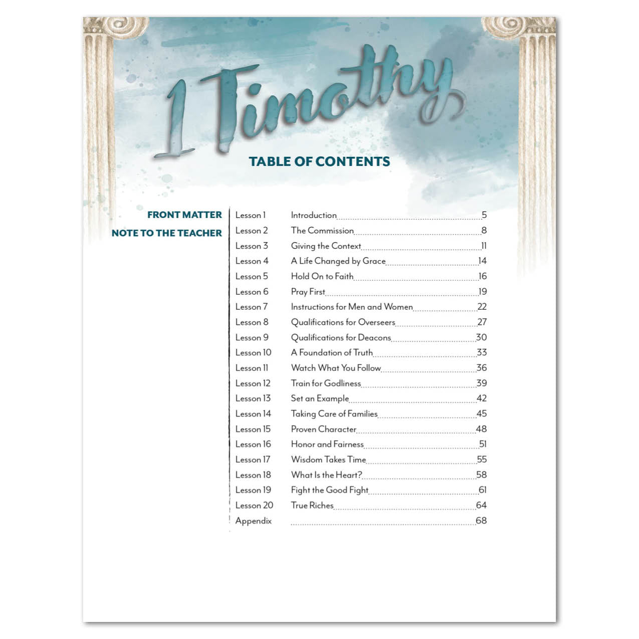 Table of contents for Study Guide of 1 Timothy with a blue and white design.