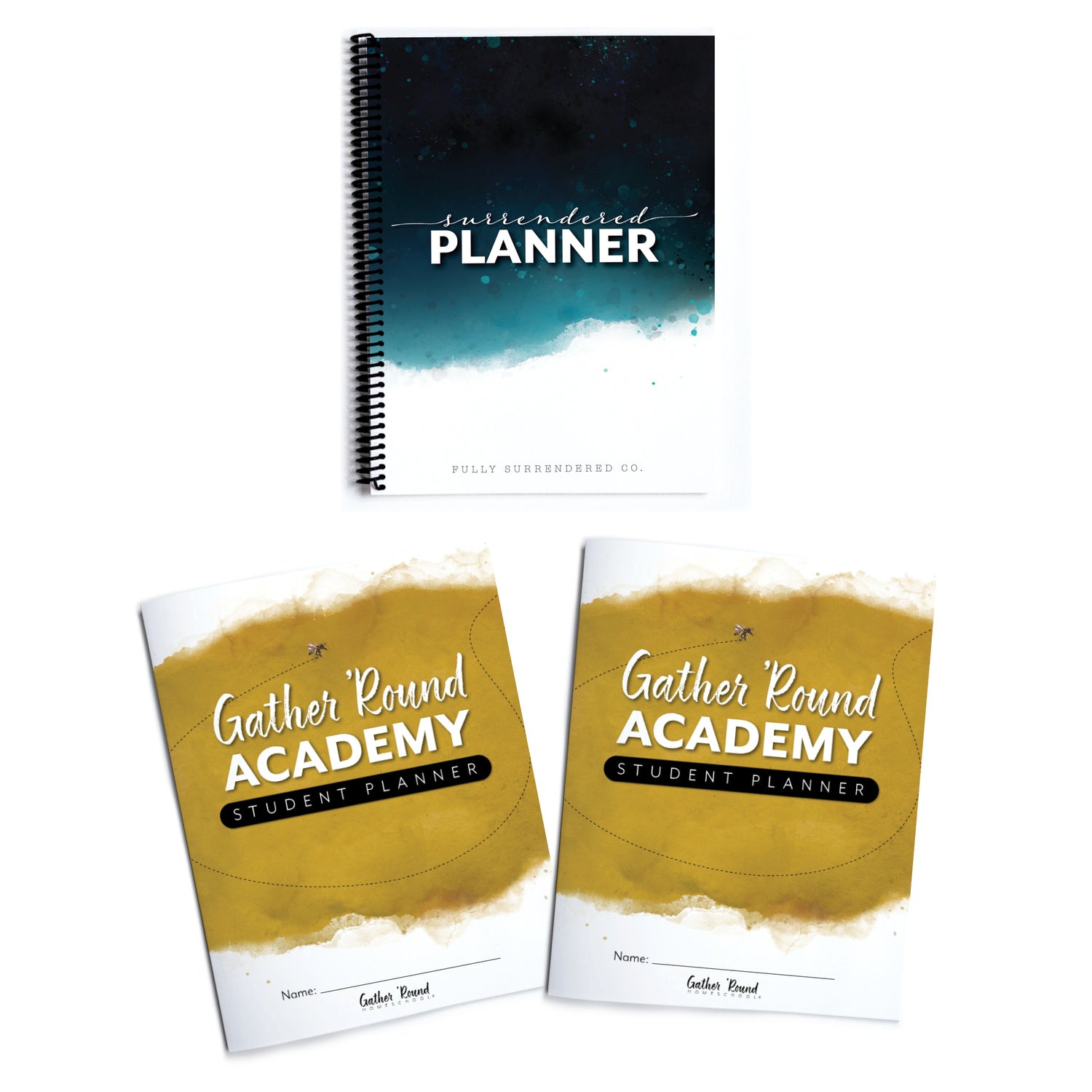 Gather 'Round Academy Surrendered Planner for homeschool and two Gather 'Round Academy sudent planner