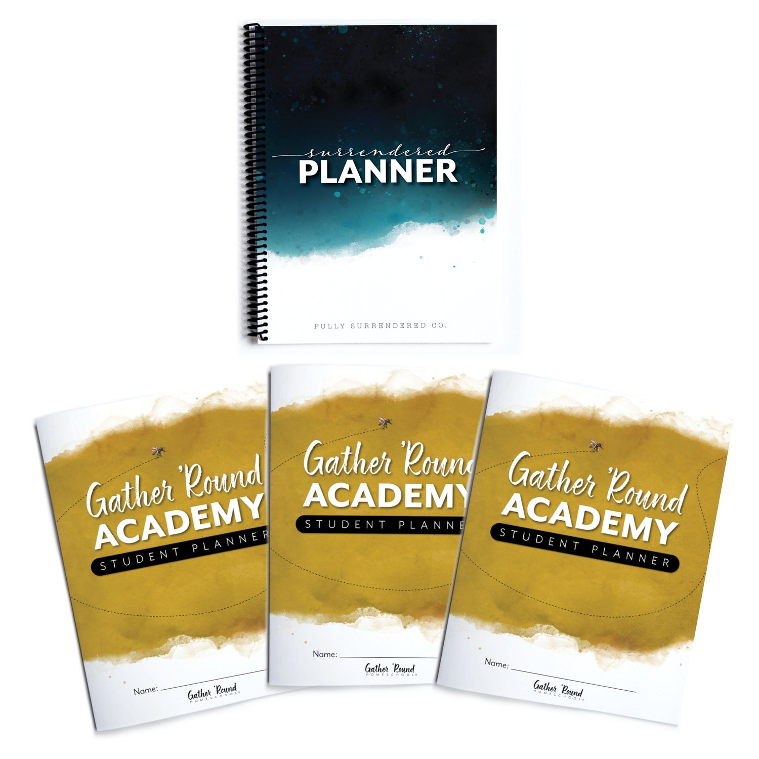 Gather 'Round Academy Surrendered Planner for homeschool and three Gather 'Round Academy sudent planner