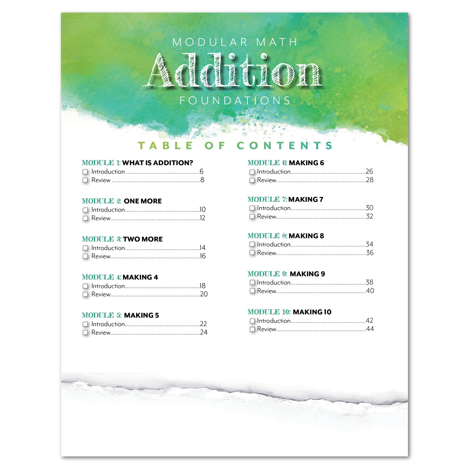 Modular Math Addition Foundations Table of Contents Printed Homeschool Unit