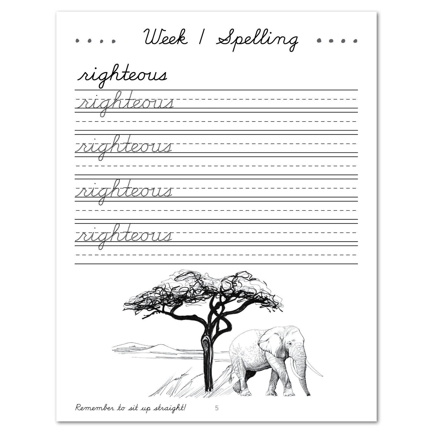 Africa homeschool unit study Printed Cursive Student Book Week 1 Spelling Page