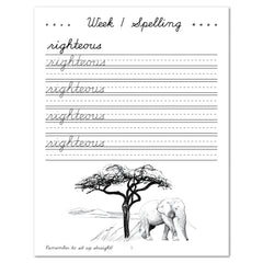 Africa homeschool unit study Printed Cursive Student Book Week 1 Spelling Page