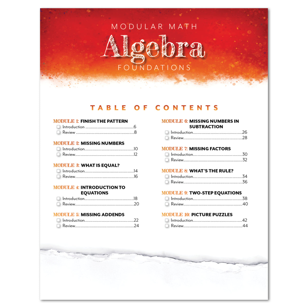 A table of contents page for a Modular Math Algebra Foundations educational booklet, featuring a red and orange textured header, black text on a white page, and a torn-paper effect at the bottom.