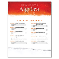 A table of contents page for a Modular Math Algebra Foundations educational booklet, featuring a red and orange textured header, black text on a white page, and a torn-paper effect at the bottom.