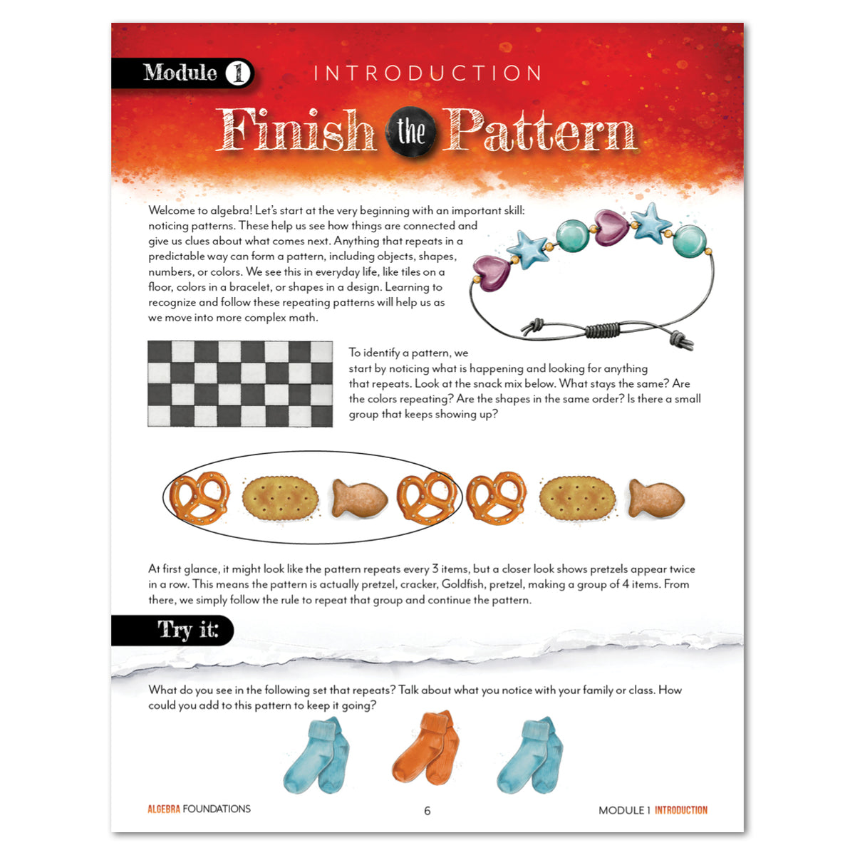 An instruction sheet titled 'Finish the Pattern' from Algebra Foundations, showing a colorful pattern identification task with text, small example images, and a 'Try it' section.