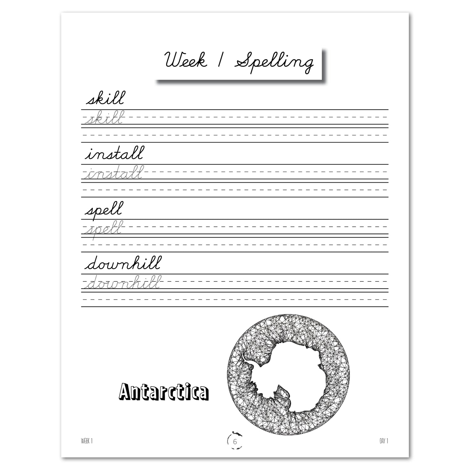 Antarctica homeschool unit study Digital Cursive Week 1 Spelling