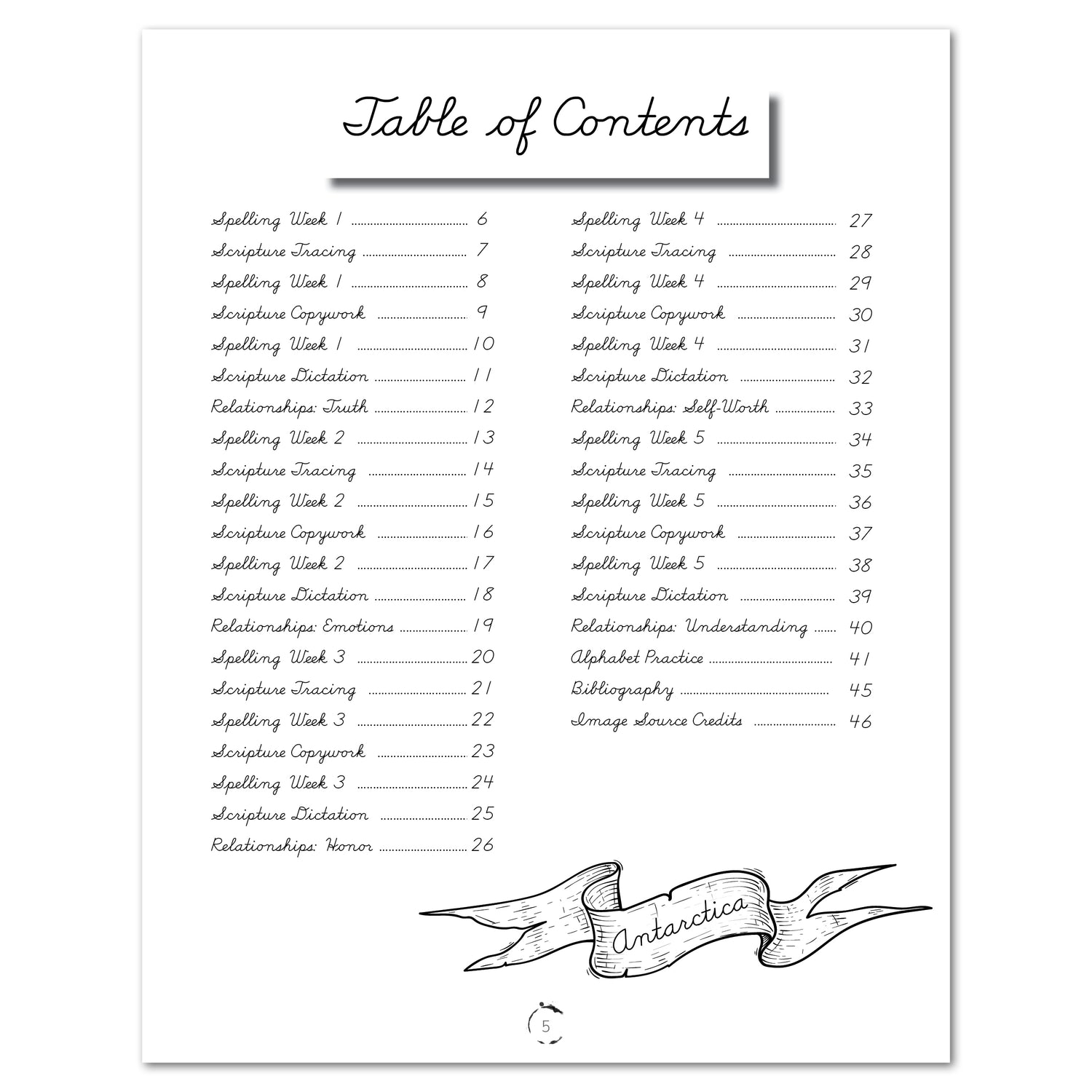 Antarctica homeschool unit study printed Cursive Table of Contents
