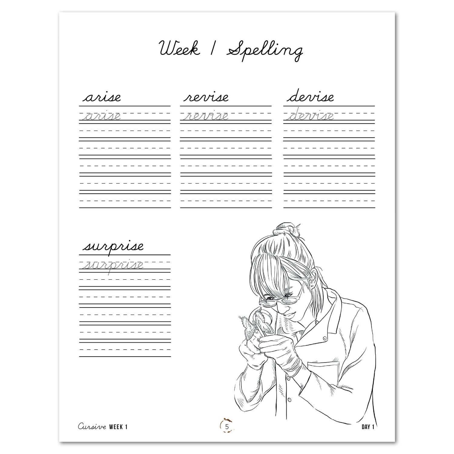 Creepy Crawlies Homeschool Unit Study Printed Cursive Student Book Week 1 Spelling