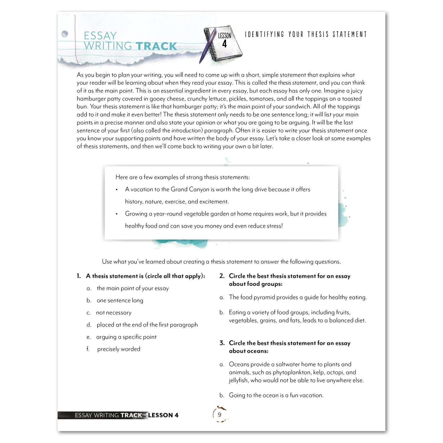 Essay Writing Track Homeschool Unit Study Printed Student Book Lesson 4 Identifying your Thesis Statement