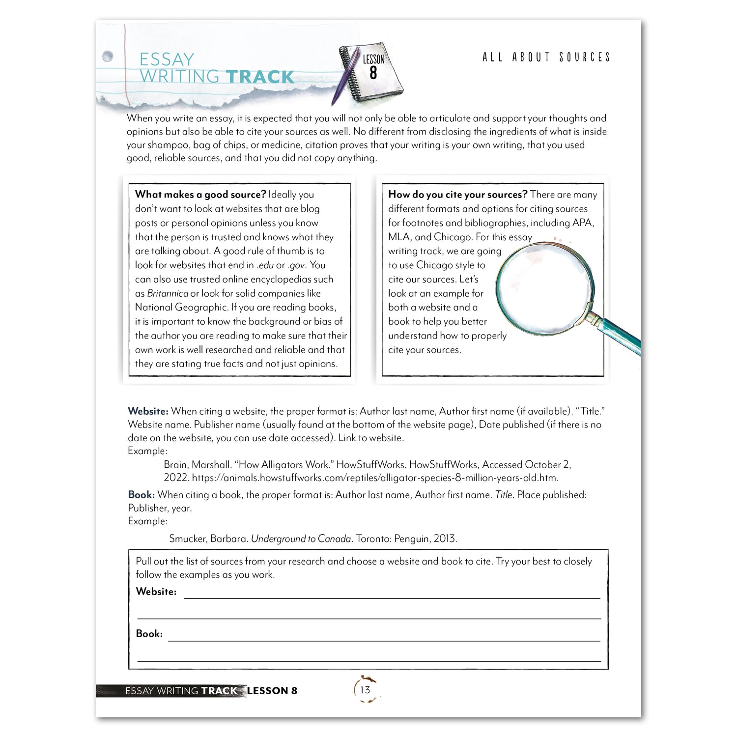 Essay Writing Track Homeschool Unit Study Printed Student Book Lesson 8 All About Sources