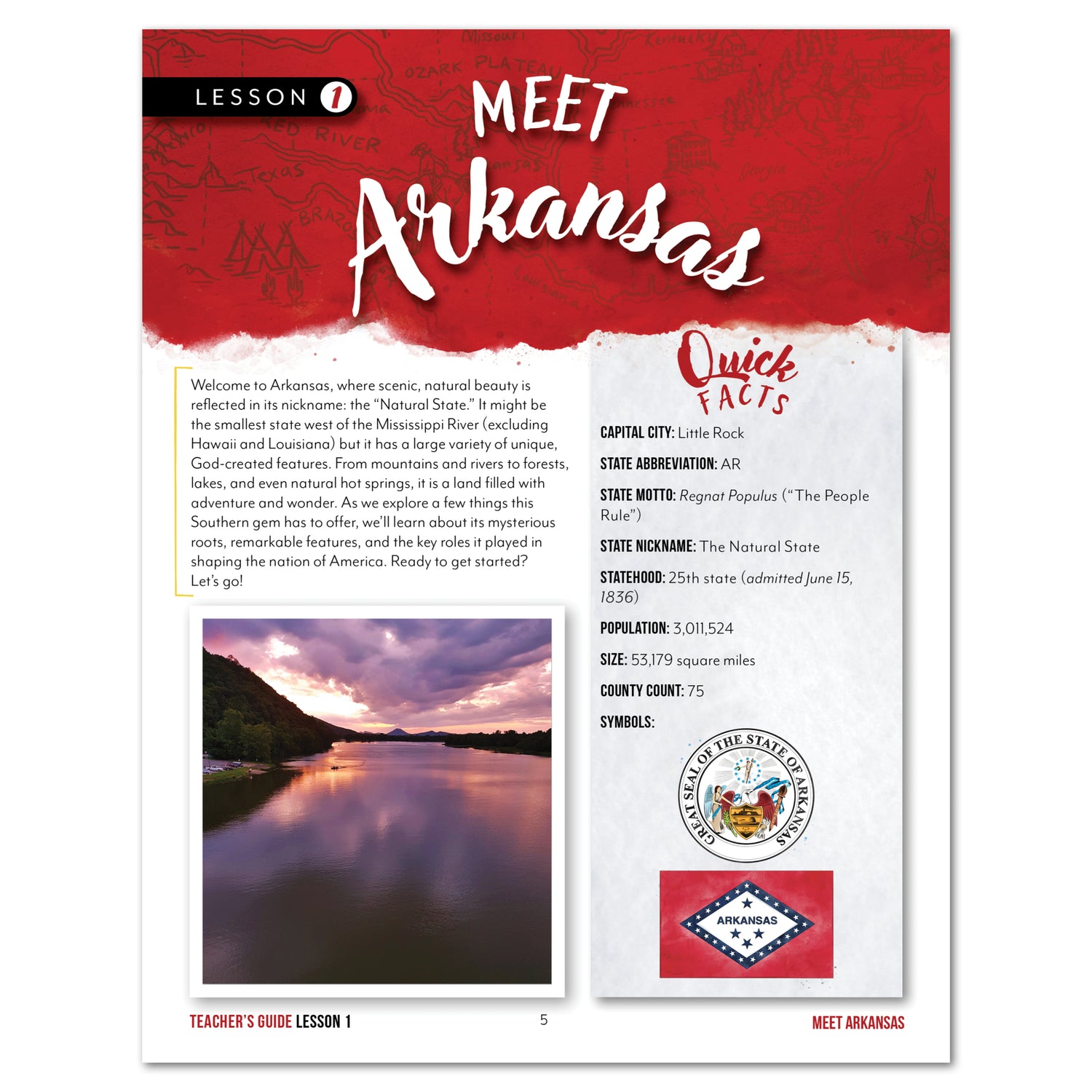 Arkansas Fifty States Homeschool Unit Study Printed Teacher's Guide Lesson 1 Part 1