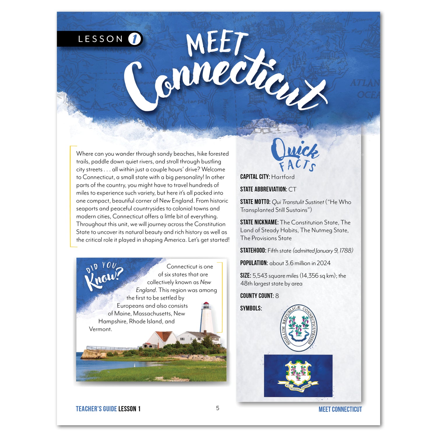 Connecticut Fifty States Homeschool Unit Study Printed Teacher's Guide Lesson 1 Part 1