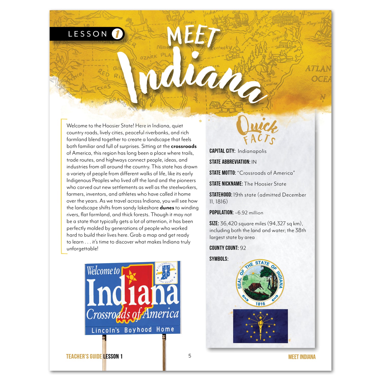 Indiana Fifty States Homeschool Unit Study Printed Teacher's Guide Lesson 1 Part 1