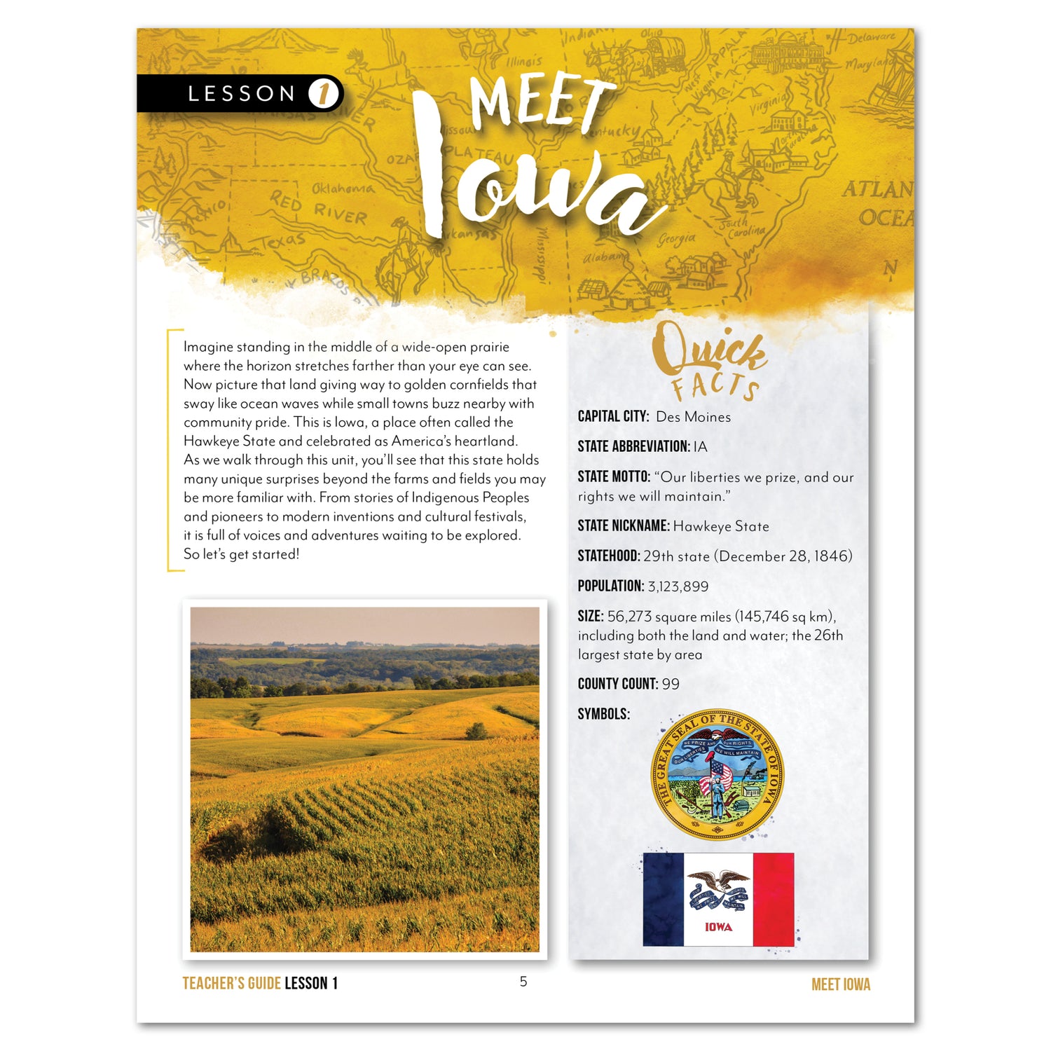 Iowa Fifty States Homeschool Unit Study Printed Teacher's Guide Lesson 1 Part 1