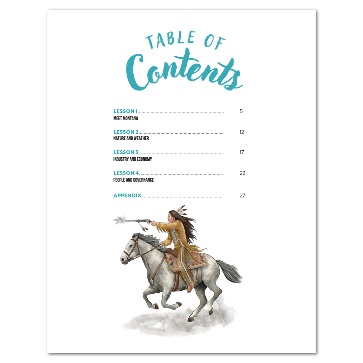 A table of contents page with turquoise and black text on a white background, plus a watercolor illustration of a person riding a white horse near the bottom.