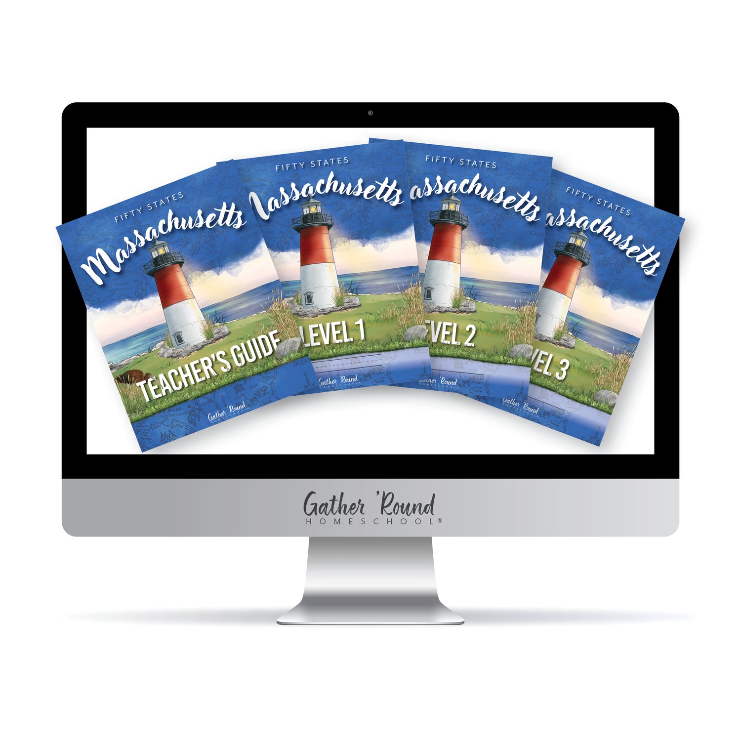 Computer screen displaying Massachusetts-themed educational materials with a lighthouse illustration.