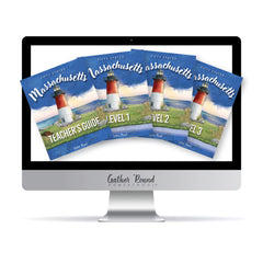 Computer screen displaying Massachusetts-themed educational materials with a lighthouse illustration.