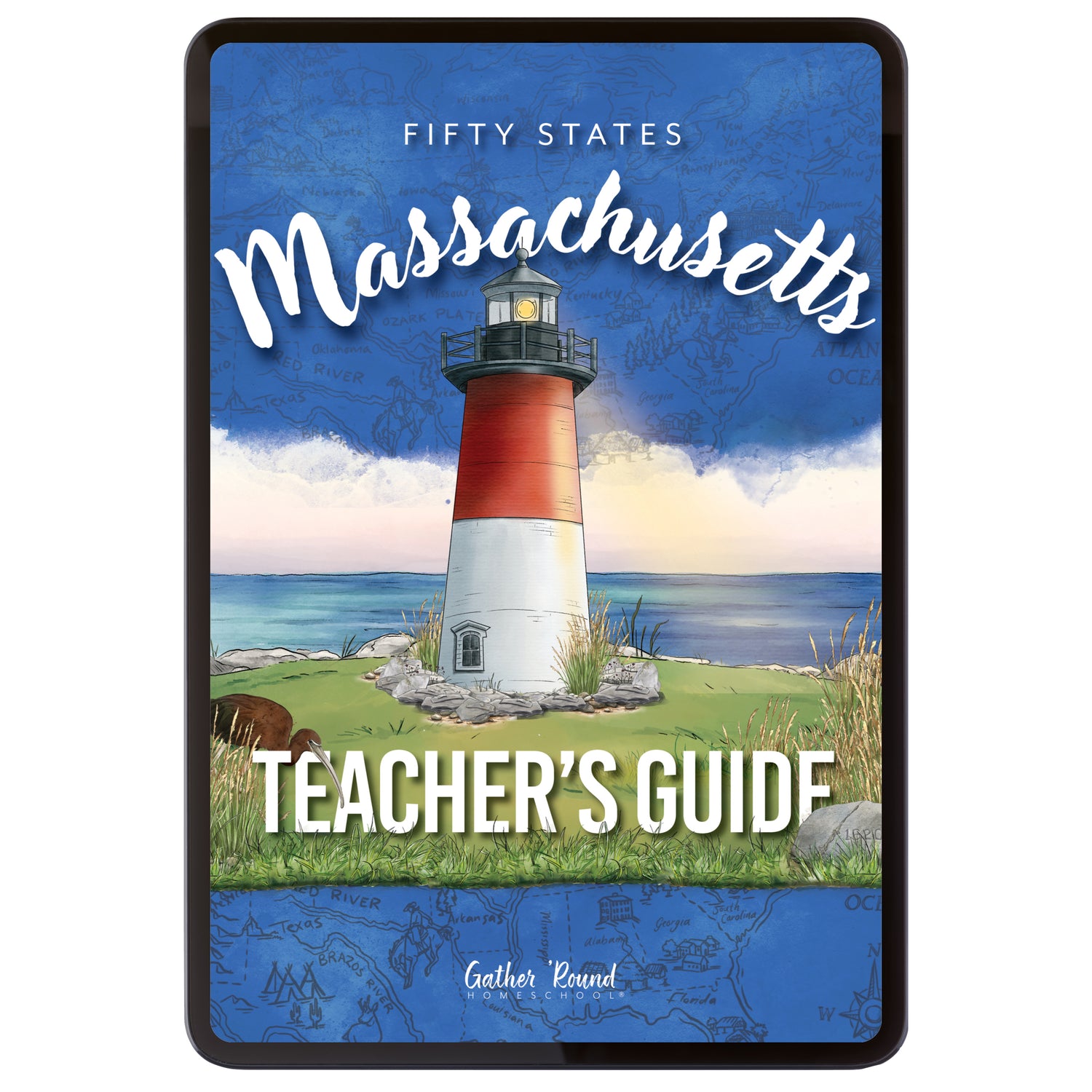 Digital Teacher's Guide for Massachusetts with a lighthouse illustration on a blue background