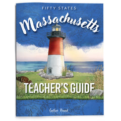 Book titled 'Fifty States Massachusetts Teacher's Guide' with a lighthouse illustration on the cover.