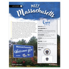 Lesson page with information about Massachusetts, including text and a logo, on a white background.