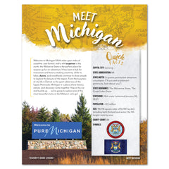 Teaching page about Michigan with text and graphics on a yellow background.