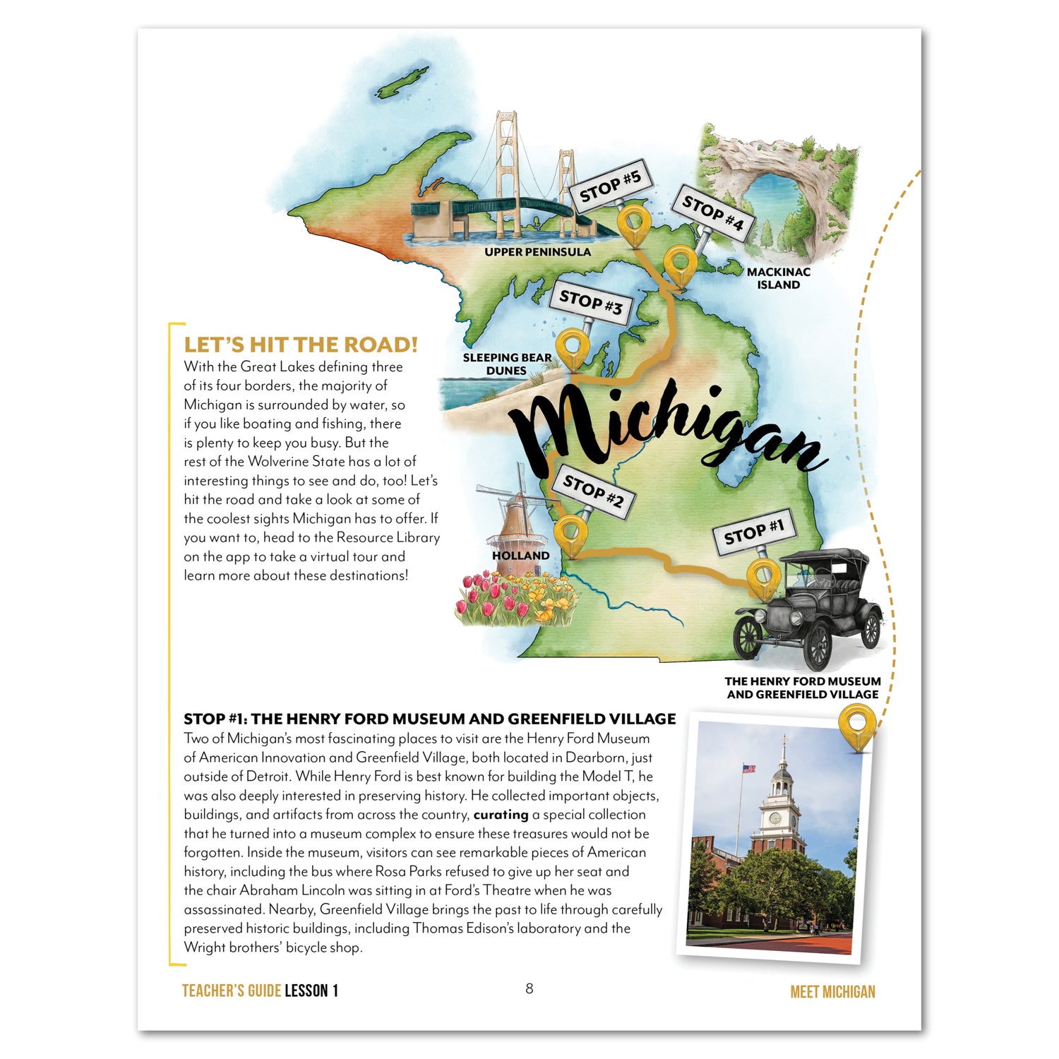 Map of Michigan with travel stops and text about visiting Michigan attractions.