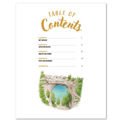 Table of contents with a scenic illustration at the bottom on a white background.
