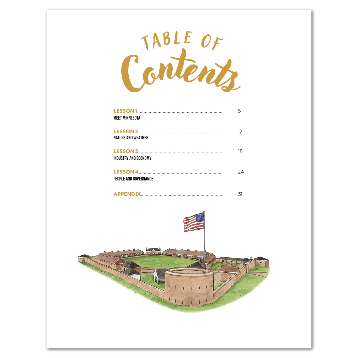 Table of contents with a fort illustration and American flag on a white background.