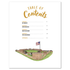 Table of contents with a fort illustration and American flag on a white background.