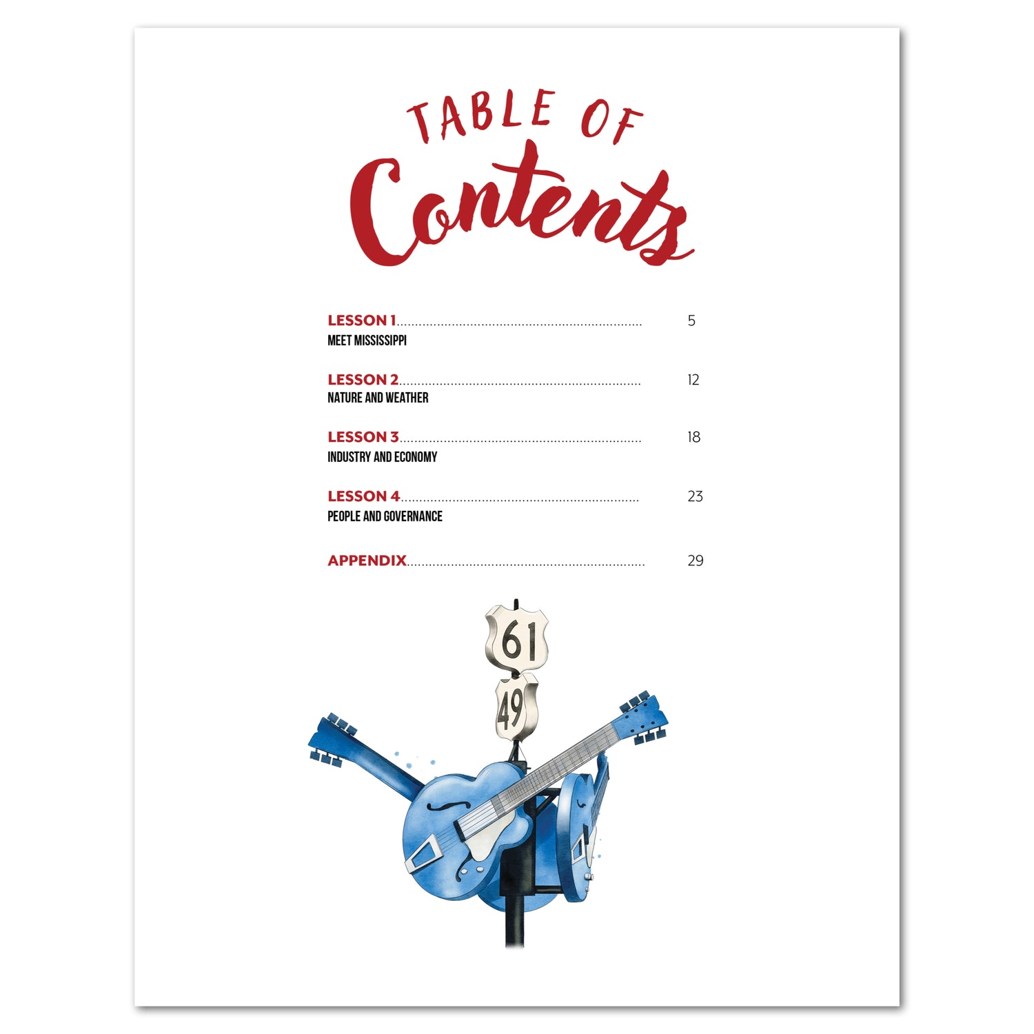 Table of content page featuring image of guitars.