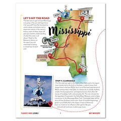 Teaching page about Mississippi featuring a map of Mississippi with highlights of places to visit.