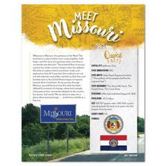 Educational sheet about Missouri featuring quick facts and a Welcome to Missouri sign.