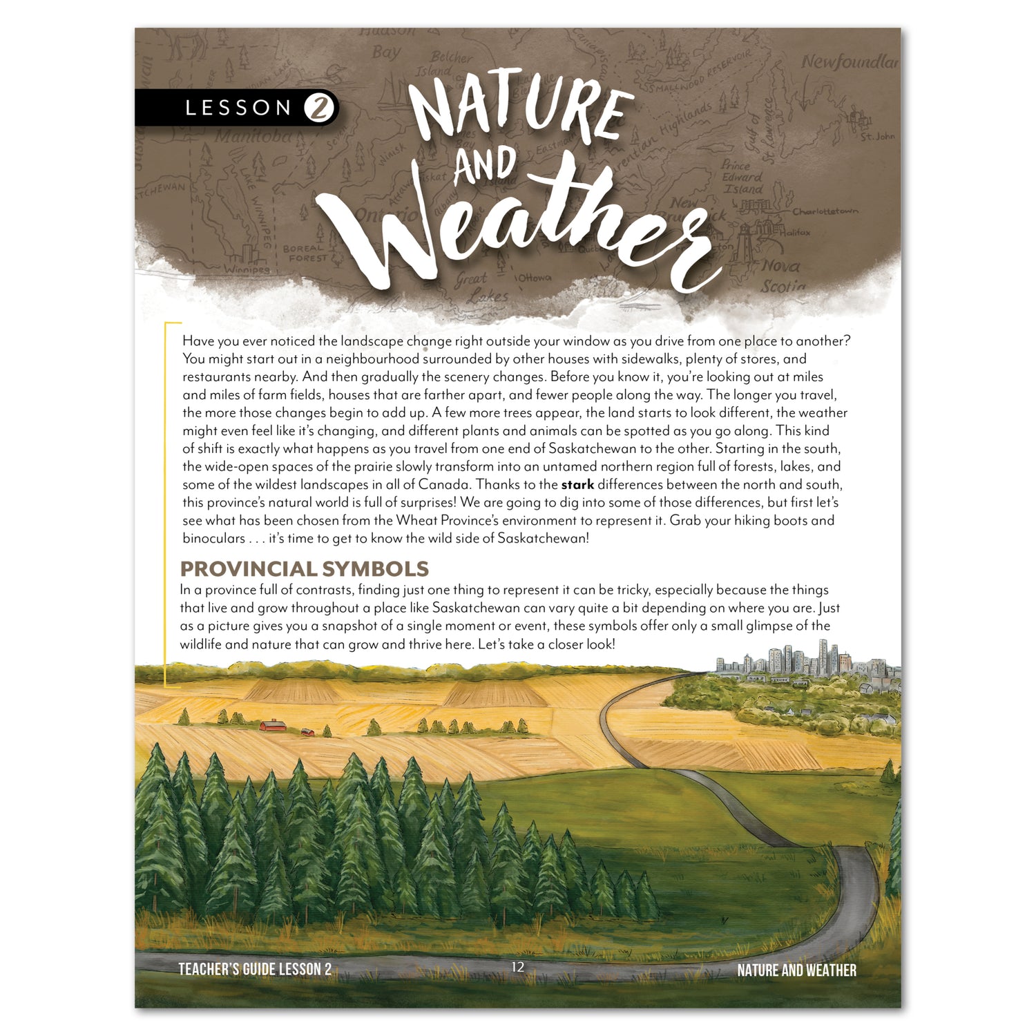 A printed lesson sheet titled 'Nature and Weather' with text blocks, a map, and a landscape illustration showing a winding road through a forest.