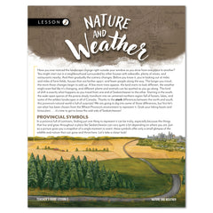A printed lesson sheet titled 'Nature and Weather' with text blocks, a map, and a landscape illustration showing a winding road through a forest.
