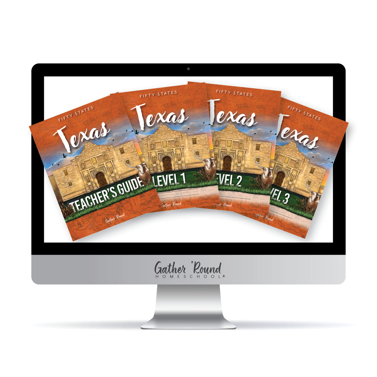 A desktop computer monitor displaying a set of book covers titled 'Texas Teacher's Guide' and 'Level 1' through 'Level 3.' The books feature an illustration of the Alamo.