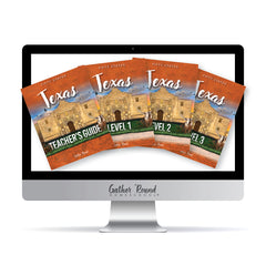 A desktop computer monitor displaying a set of book covers titled 'Texas Teacher's Guide' and 'Level 1' through 'Level 3.' The books feature an illustration of the Alamo.