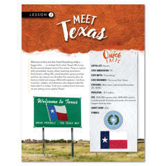 An educational lesson page titled 'MEET Texas' with an orange header, white body, and a Texas-themed quick facts panel. The card includes a 'Welcome to Texas' sign and state flag.