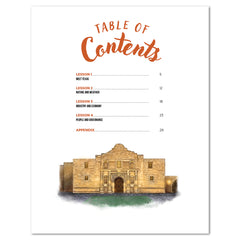 Table of contents page with orange title text, black lesson headings and page numbers, and a watercolor-style illustration of the Alamo at the bottom on a white page.