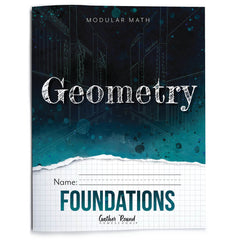 Geometry textbook with a dark blue and black cover design, featuring the title 'Modular Math Geometry Foundations'.