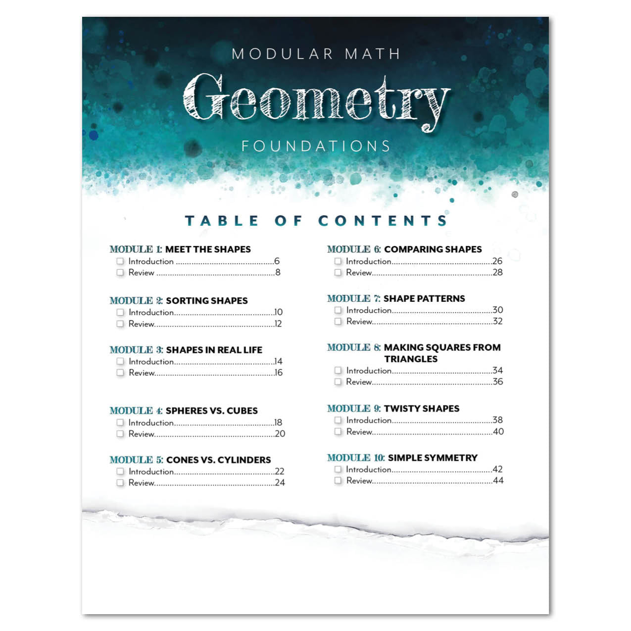 Table of contents for a mathematics book titled 'Modular Math Geometry Foundations' with a blue and white design.
